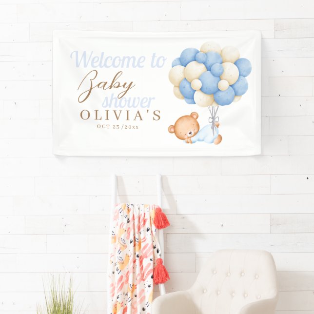 Teddy Bear Balloons Watercolor Baby Shower Welcome Banner (Insitu)