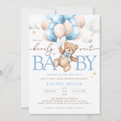 Teddy Bear Balloons We Can Bearly Wait Baby Shower Invitation