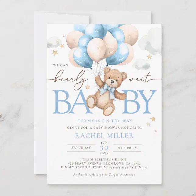 Teddy Bear Balloons We Can Bearly Wait Baby Shower Invitation | Zazzle