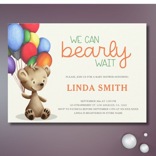 Teddy Bear Balloons We Can Bearly Wait Baby Shower Invitation