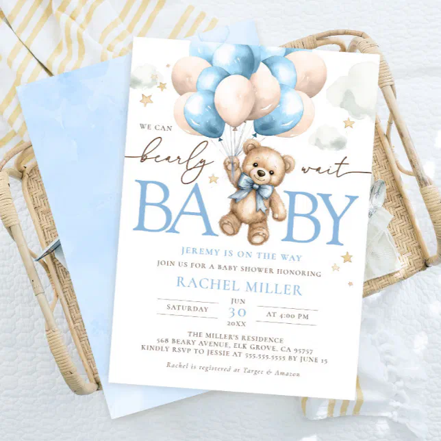 Teddy Bear Balloons We Can Bearly Wait Baby Shower Invitation | Zazzle