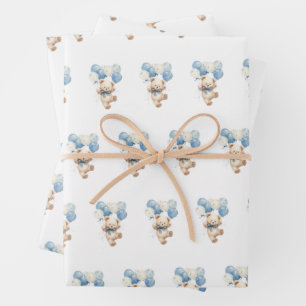 Teddy Bear Balloons We Can Bearly Wait Baby Shower Wrapping Paper Sheets