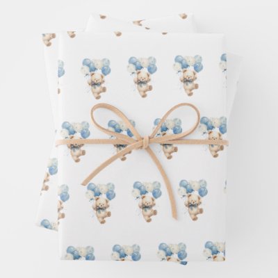 Teddy Bear Balloons We Can Bearly Wait Baby Shower Wrapping Paper Sheets