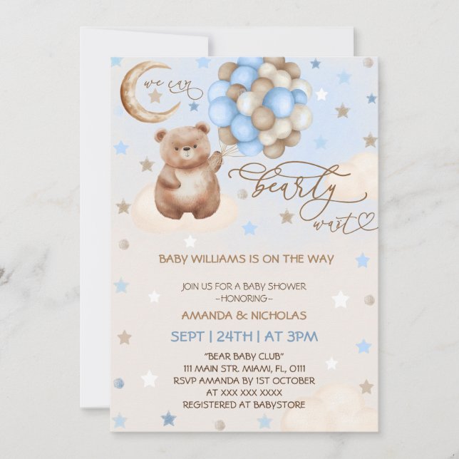 Teddy Bear Balloons Whimsical Blue Boy Baby Shower Invitation (Front)