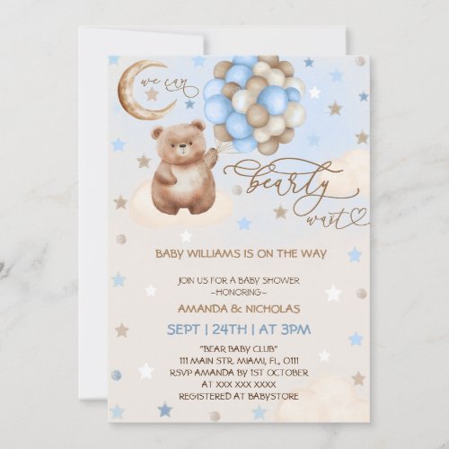 Teddy Bear Balloons Whimsical Blue Boy Baby Shower Invitation