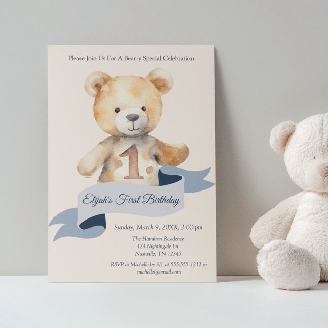 Teddy Bear Banner Boys First Birthday Invitation (Creator Uploaded)