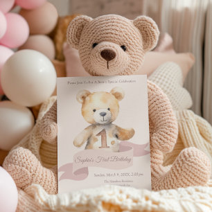 Teddy Bear Banner Girls First Birthday Invitation