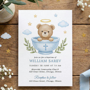 Teddy Bear Baptism Watercolor Blue Clouds Stars Invitation