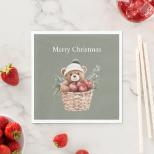 Teddy Bear Basket Pomegranates Christmas Napkins