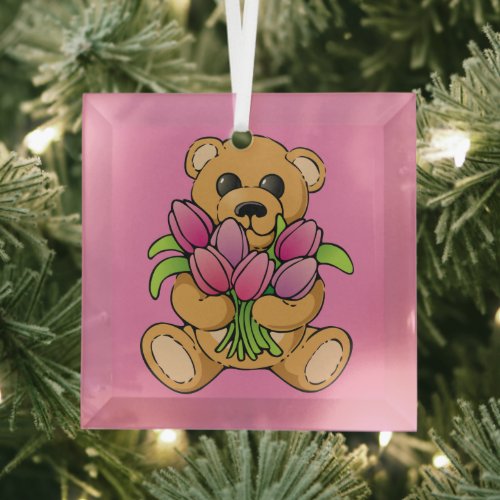 Teddy Bear bearing tulips Glass Ornament