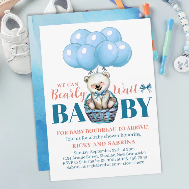 Teddy Bear Bearly There Blue Baby Shower Invitation (Creator Uploaded)