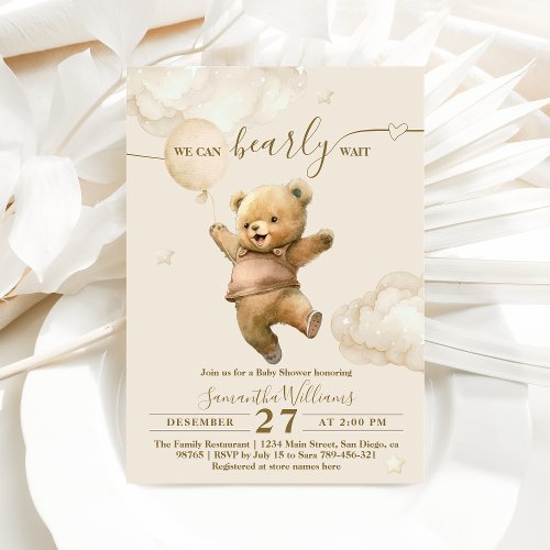 Teddy Bear Bearly Wait Air Balloon Baby Shower Invitation