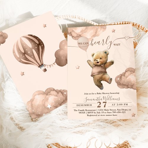 Teddy Bear Bearly Wait Air Balloon Baby Shower Invitation