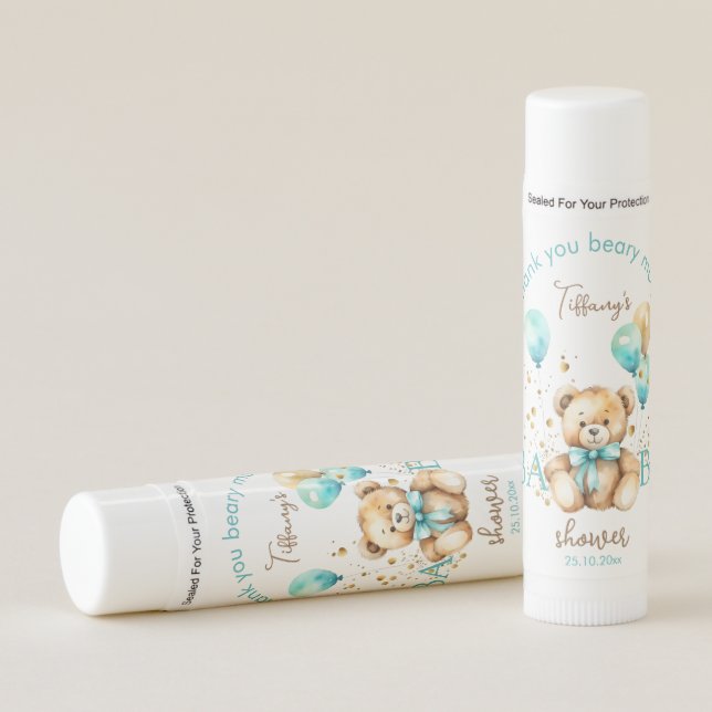 Teddy bear bearly wait aqua blue baby shower favor lip balm (Front)