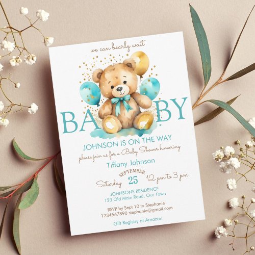 Teddy bear bearly wait aqua blue brown baby shower invitation