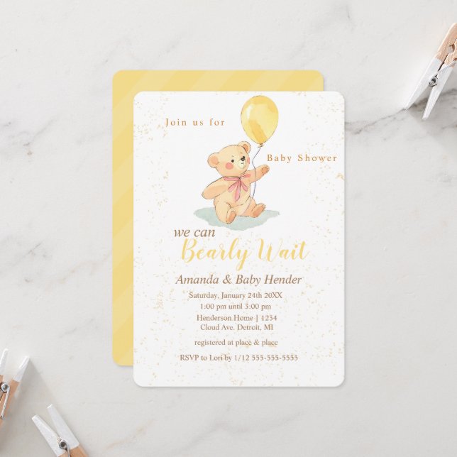 Teddy Bear Bearly Wait Baby Shower Invitation (Front/Back In Situ)