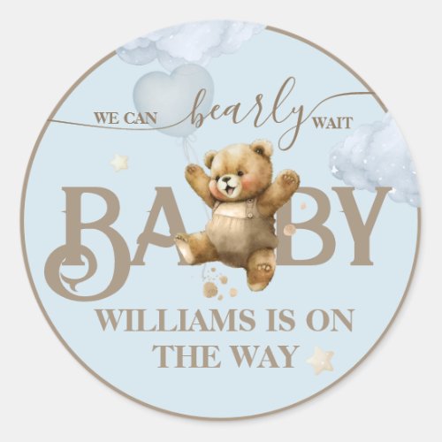 Teddy Bear Bearly Wait Balloon Baby Boy Shower Classic Round Sticker