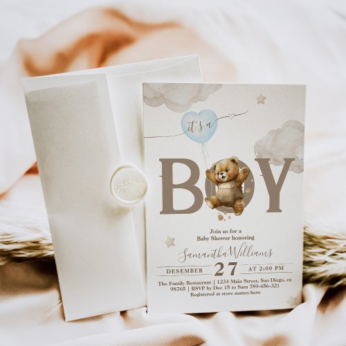 Teddy Bear Bearly Wait Balloon Baby Boy Shower Inv Invitation