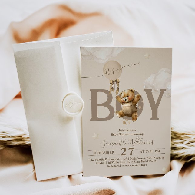 Teddy Bear Bearly Wait Balloon Baby Boy Shower Inv Invitation (Creator Uploaded)