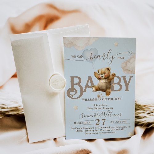 Teddy Bear Bearly Wait Balloon Baby Boy Shower Invitation