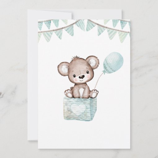 Teddy Bear Bearly Wait Blue Balloon Baby Shower In Invitation | Zazzle