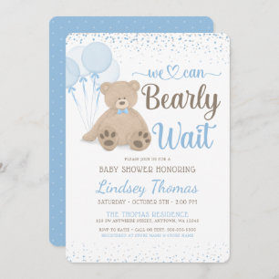 Teddy Bear Bearly Wait Confetti Boy Baby Shower Invitation