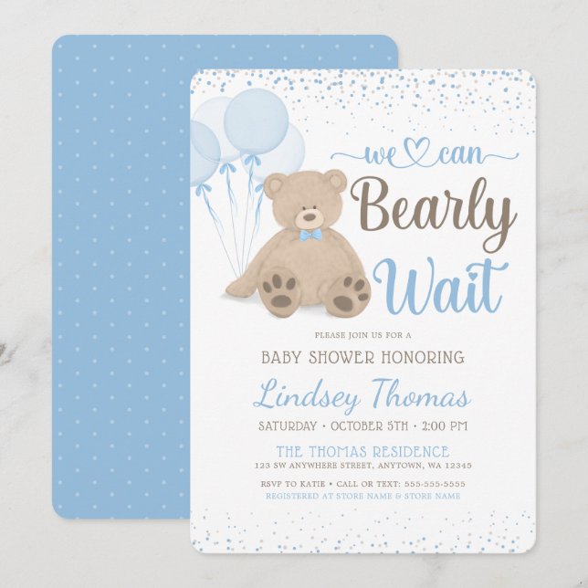 Teddy Bear Bearly Wait Confetti Boy Baby Shower Invitation (Front/Back)