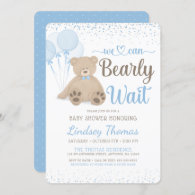 Teddy Bear Bearly Wait Confetti Boy Baby Shower Invitation