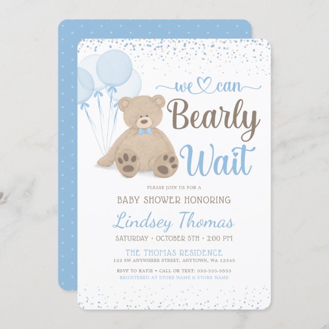 Teddy Bear Bearly Wait Confetti Boy Baby Shower Invitation (Front/Back)