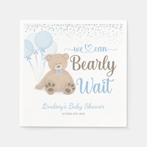 Teddy Bear Bearly Wait Confetti Boy Baby Shower Napkins