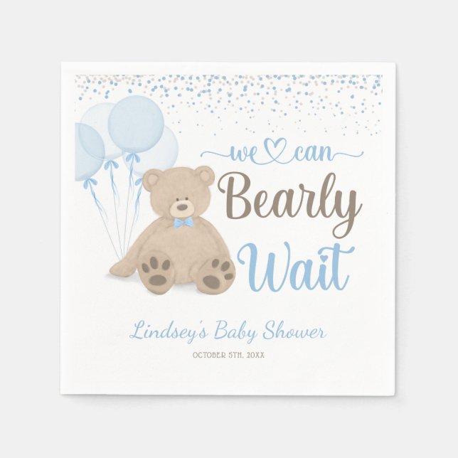 Teddy Bear Bearly Wait Confetti Boy Baby Shower Napkins (Front)