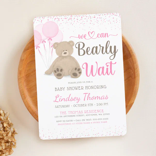 Teddy Bear Bearly Wait Confetti Girl Baby Shower Invitation 