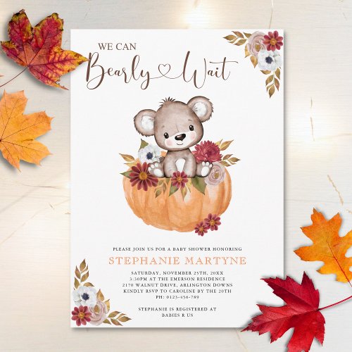 Teddy Bear Bearly Wait Fall Baby Shower Invitation