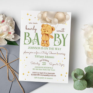Teddy bear bearly wait green brown baby shower invitation