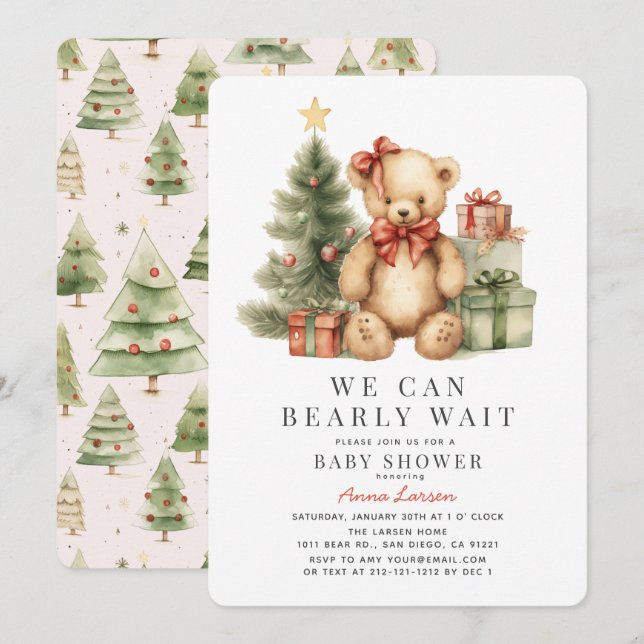 Teddy Bear Bearly Wait Holiday Girl Baby Shower Invitation (Front/Back)