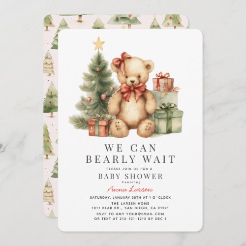 Teddy Bear Bearly Wait Holiday Girl Baby Shower Invitation