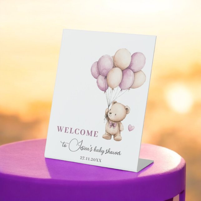 Teddy Bear Bearly Wait Purple Beige Balloons Pedestal Sign (Creator Uploaded)