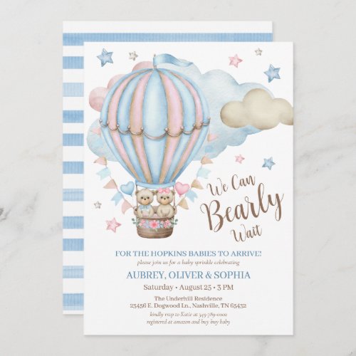 Teddy Bear Bearly Wait Twin Baby Sprinkle Invitation