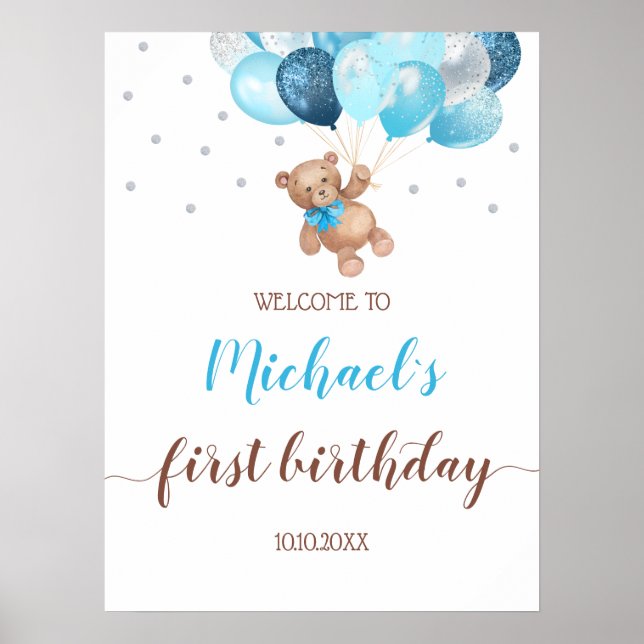Teddy Bear Bearly Wait Welcome First Birthday Poster (Front)