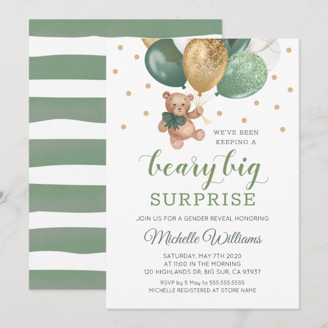 Teddy Bear Beary Big Surprise Gender Reveal Invita Invitation (Front/Back)