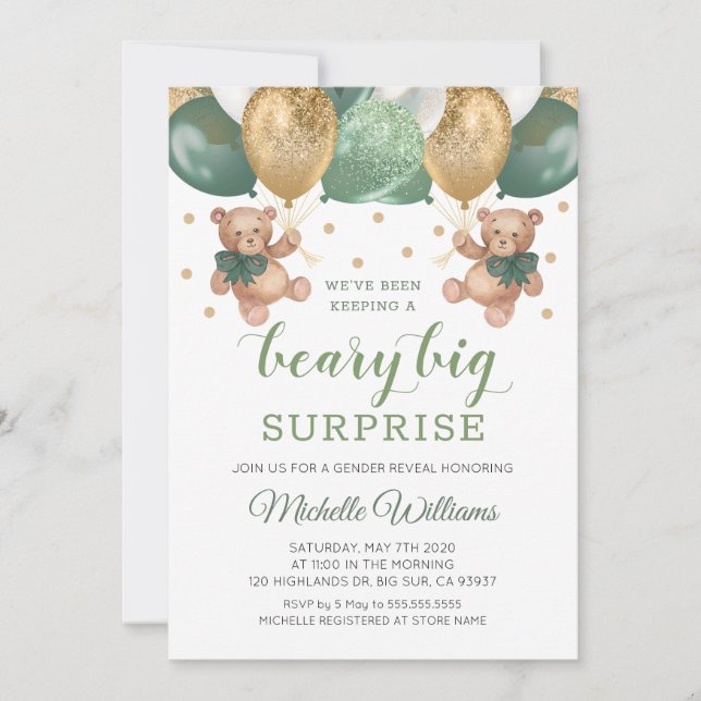 Teddy Bear Beary Big Surprise Twins Gender Reveal Invitation (Front)
