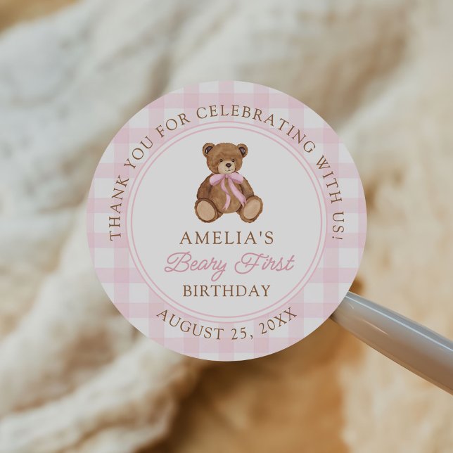 Teddy Bear Beary First 1st Birthday Party Classic Round Sticker (Creator Uploaded)