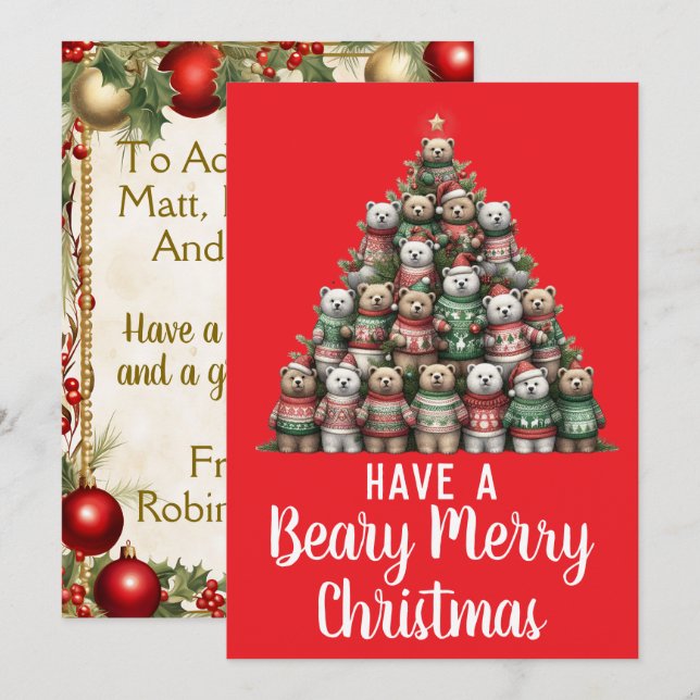 Teddy Bear Beary Merry Christmas Tree Holiday Card (Front/Back)