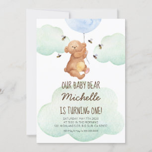 Teddy Bear Bees Baby Bear 1st Birthday Invitation