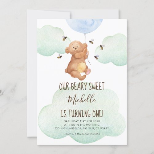 Teddy Bear Bees Beary Sweet Baby 1st Birthday Invitation