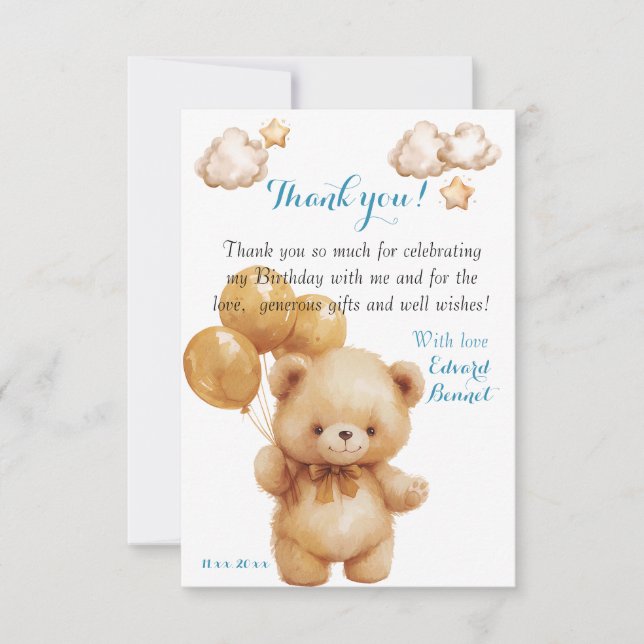 Teddy Bear Beige Balloon  Thank You Card (Front)