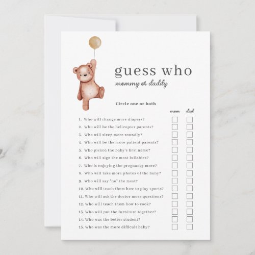 Teddy Bear Beige Guess Who Baby Shower Game Invitation
