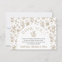 Teddy Bear Beige Toile Baby Shower Thank You Card