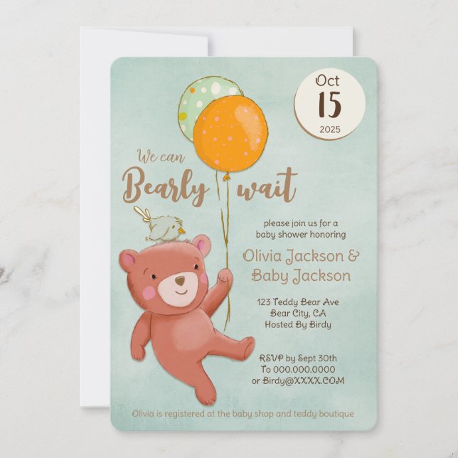 Teddy Bear, Bird and Balloons Baby Shower Invitation (Front)