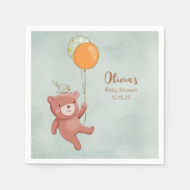 Teddy Bear, Bird and Balloons Baby Shower Napkins (Front)